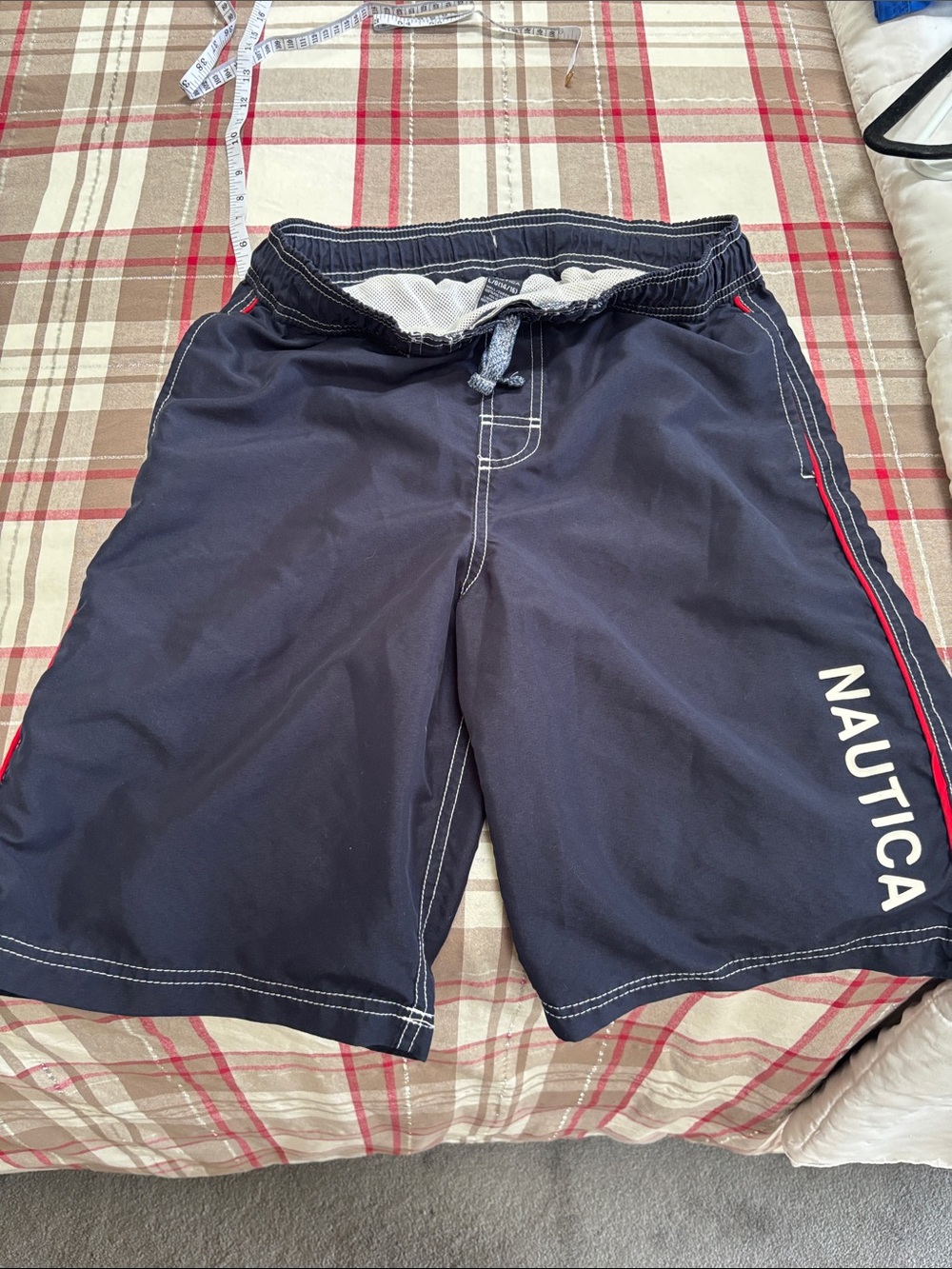 Nautica boys  Navy Swim Shorts with Red Side Stripe